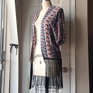 Boho Aztec Tribal Print Macrame Fringe Cardigan Balck Red and Green